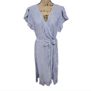 Naif Blue White striped ruffled tied waist‎ midi dress plus size 2X NEW!!!
